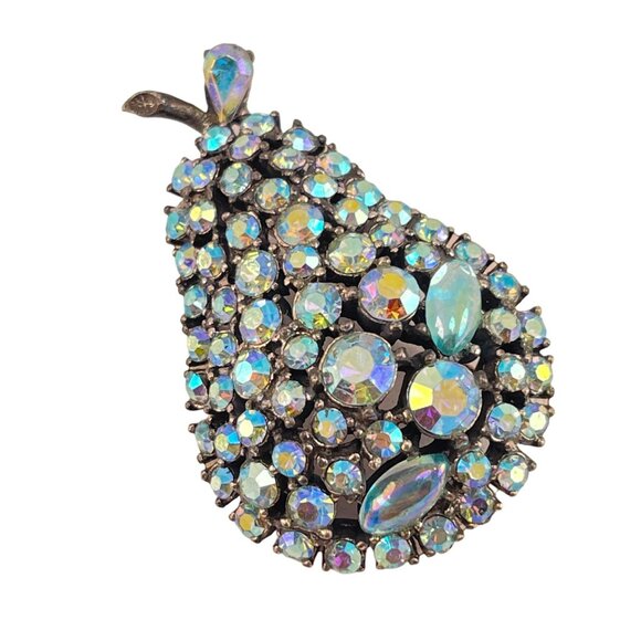 Vintage Signed ART Pear Fruit AB Aurora Borealis Blue Rhinestone Brooch - Picture 3 of 7